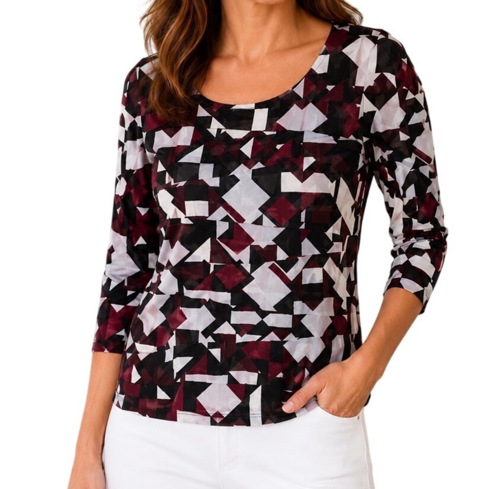 Alfani Geometric Artsy Print Medium Top Burgundy Black & White Flattering‎
